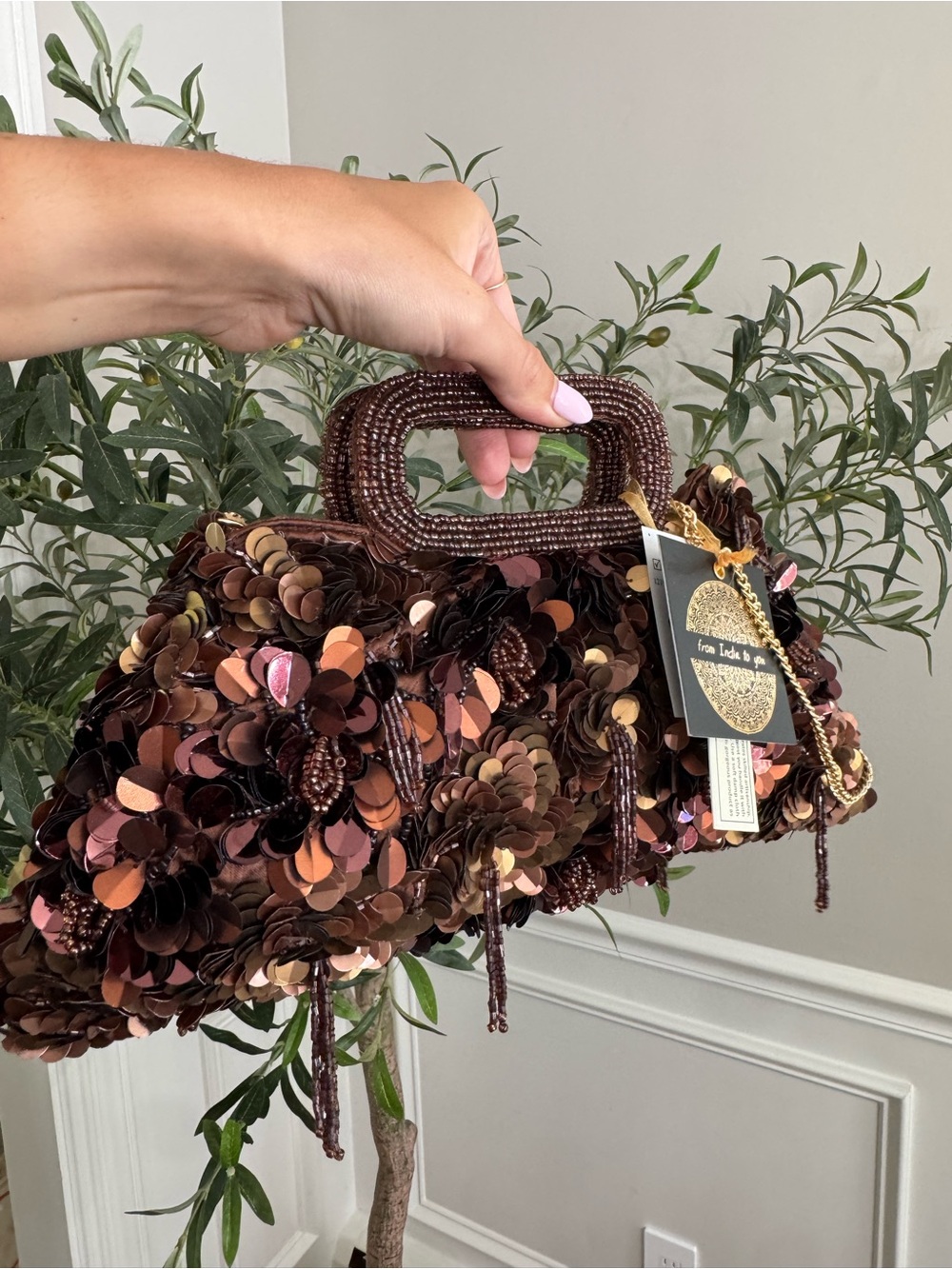 Made in India Sequin Floral Embellished Brown Beaded HandBag